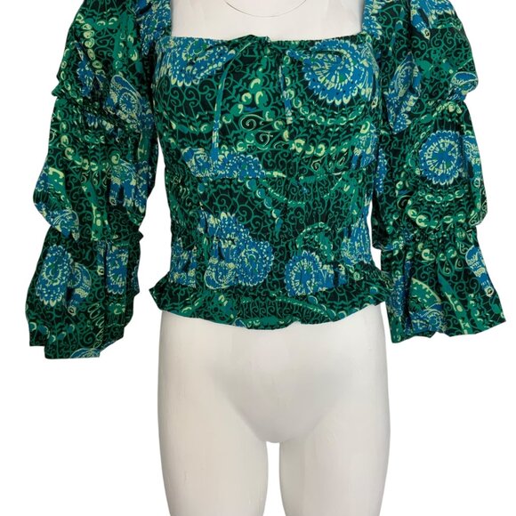 Anthropologie Porridge Tiered Poplin Blouse Top XS Green Cropped - Picture 10 of 13